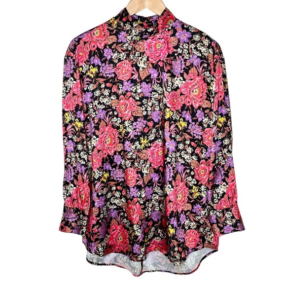 Zara High Neck Floral Print Long Sleeve Satin Blouse Top Women’s Size Small - Picture 1 of 10